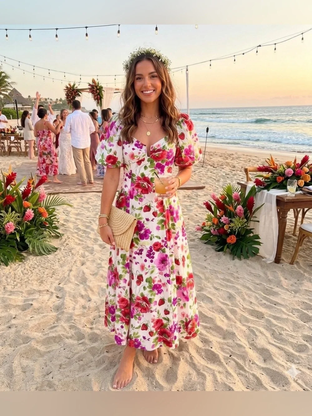 Abercrombie & Fitch Drama Puff Sleeve Maxi Dress in a vibrant red & pink floral
